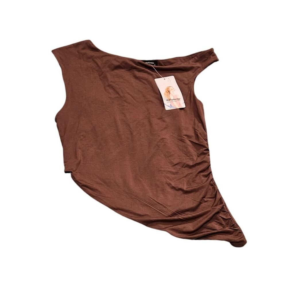 PrettyGarden Brown Asymmetrical Ruched Modal Stretch Top Small NWT
